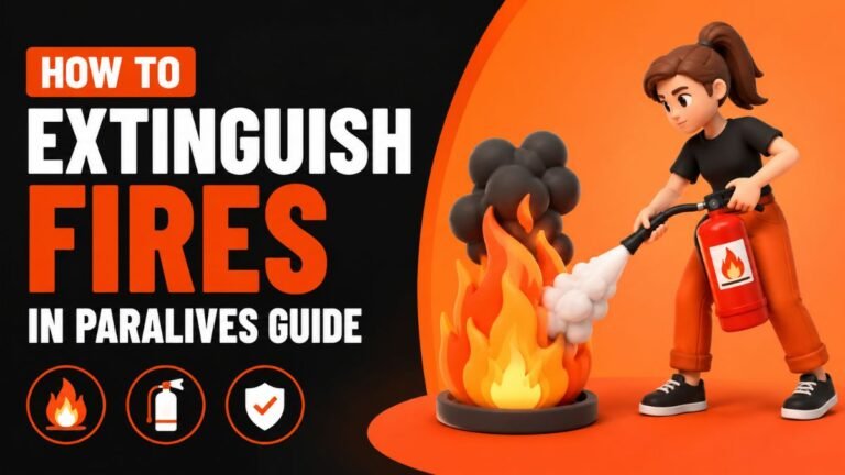 Paralives fire extinguishing guide showing a Parafolk using a fire extinguisher to put out a house fire with keyboard and safety icons in a 3D gaming illustration.