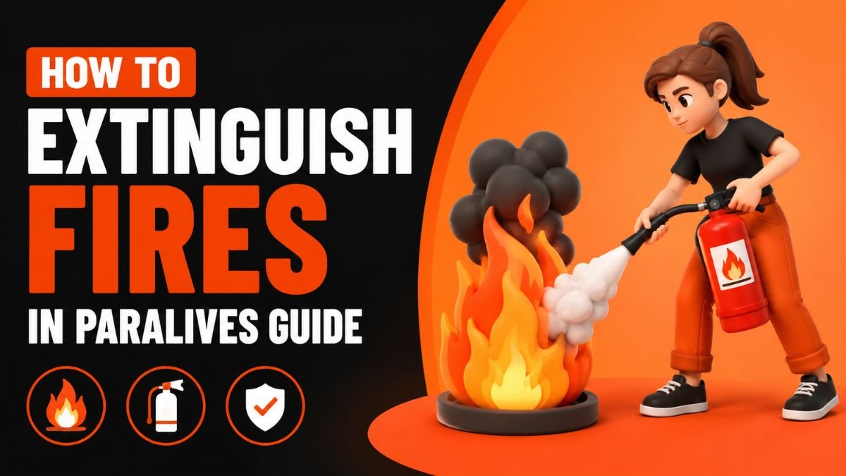 Paralives fire extinguishing guide showing a Parafolk using a fire extinguisher to put out a house fire with keyboard and safety icons in a 3D gaming illustration.
