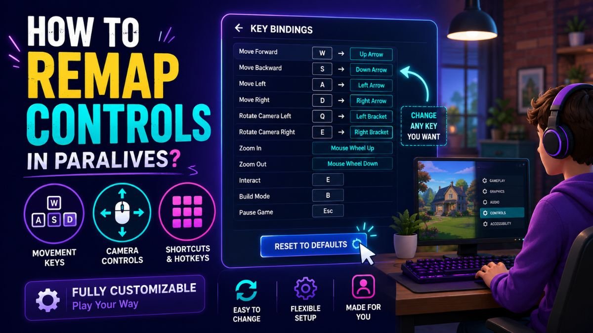 Paralives key bindings menu showing customizable keyboard shortcuts, camera controls, and remappable gameplay settings.