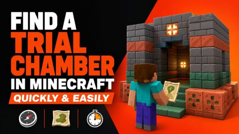 Minecraft Trial Chamber guide thumbnail featuring bold text “Find a Trial Chamber in Minecraft Quickly & Easily” with a 3D Minecraft-style chamber scene and player holding a map on the right side in orange-black-white gaming design.