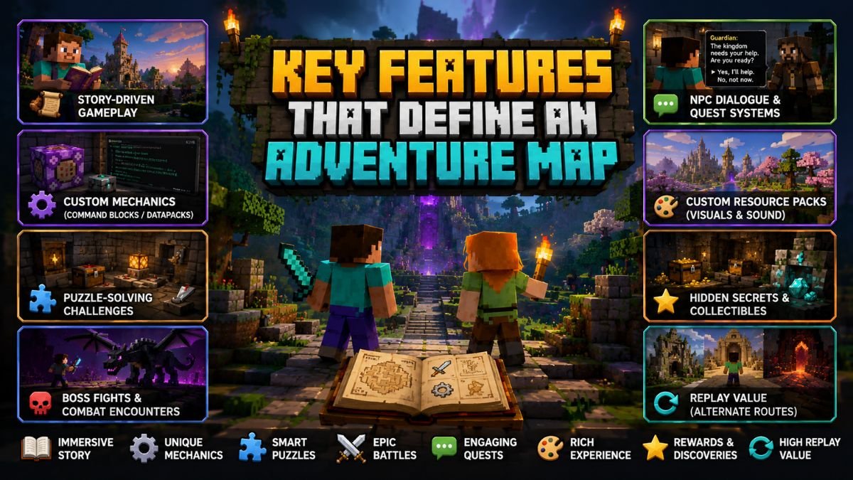 Key features that define Minecraft adventure maps, including story-driven quests, puzzles, boss fights, NPC interactions, custom mechanics, and exploration.