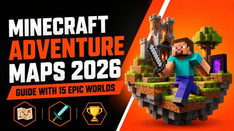 Minecraft adventure maps 2026 guide featuring a player exploring a floating world with epic quests, boss battles, custom dungeons, and story-driven gameplay.