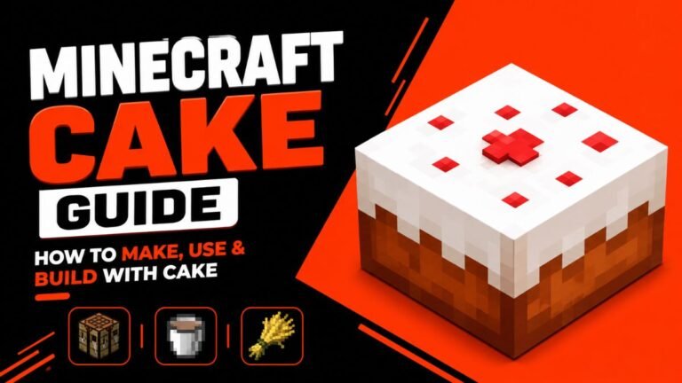 Minecraft Cake guide thumbnail with 3D cake and bold title in orange, black, and white gaming style.