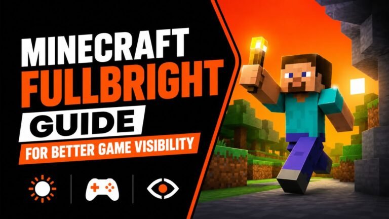 Minecraft Fullbright Guide for Better Game Visibility featuring a bright Minecraft character holding a torch, with enhanced visibility settings and Fullbright tutorial concept in a modern gaming thumbnail design.