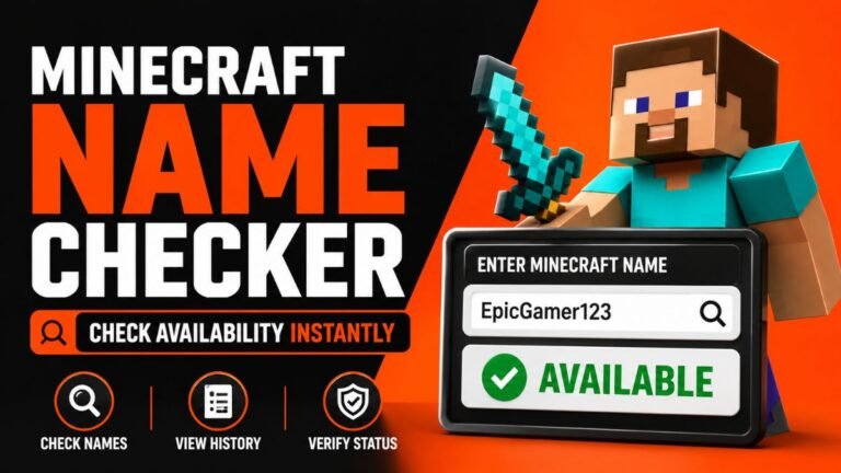 Minecraft Name Checker tool showing username availability search, account status verification, UUID lookup, and name history checker with Minecraft themed interface.