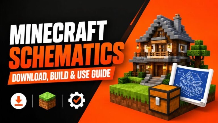 Minecraft Schematics Download Build and Use Guide featured image showing a Minecraft house blueprint, schematic download concept, build tutorial, and structure planning tools.