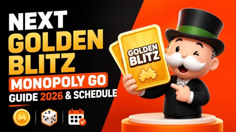 Next Golden Blitz Monopoly GO 2026 guide featuring 3D character with Golden Blitz cards, schedule, and trading tips.