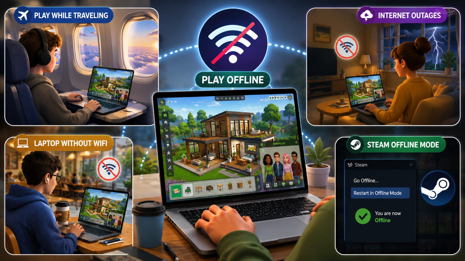 Player enjoying Paralives offline on a laptop while traveling and without internet access.