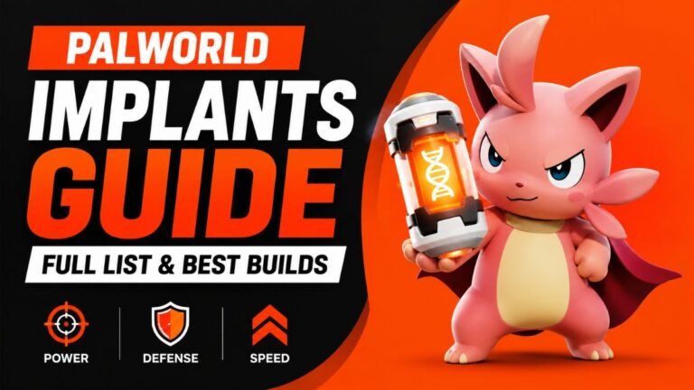 Palworld Implants Guide featured image showing a stylized Pal character holding a genetic implant device with text Full List and Best Builds, highlighting top implant builds for power, defense, and speed in Palworld.