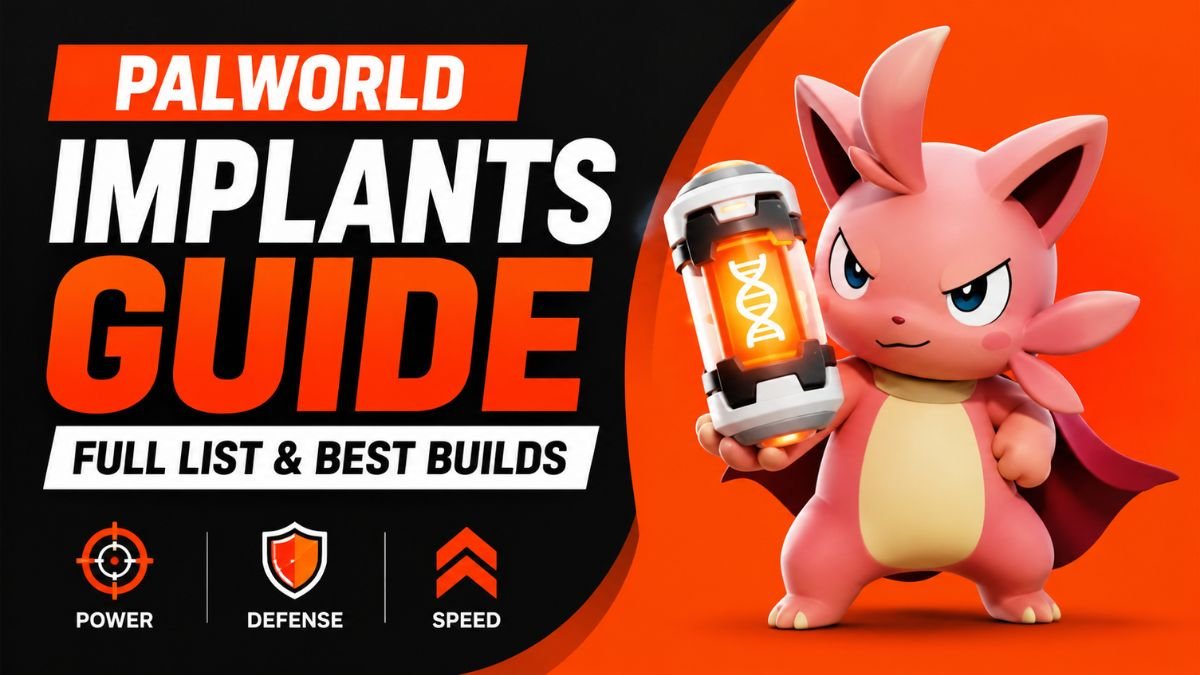 Palworld Implants Guide featured image showing a stylized Pal character holding a genetic implant device with text Full List and Best Builds, highlighting top implant builds for power, defense, and speed in Palworld.