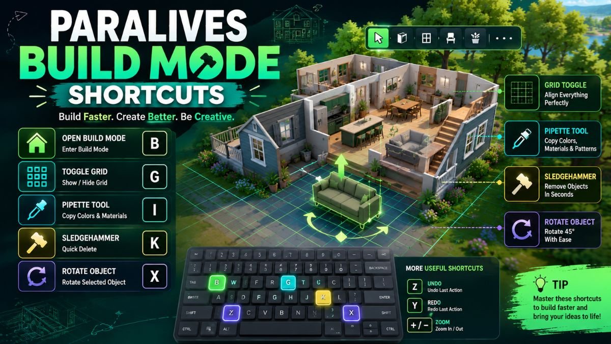 Paralives Build Mode hotkeys illustration showing keyboard shortcuts, object rotation, grid placement, pipette tool, and home construction controls.