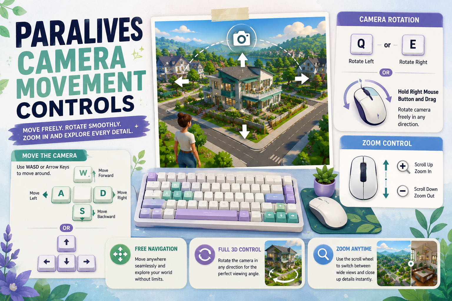 Paralives camera movement controls showing WASD navigation, camera rotation shortcuts, mouse drag controls, and zoom functionality for smooth gameplay.