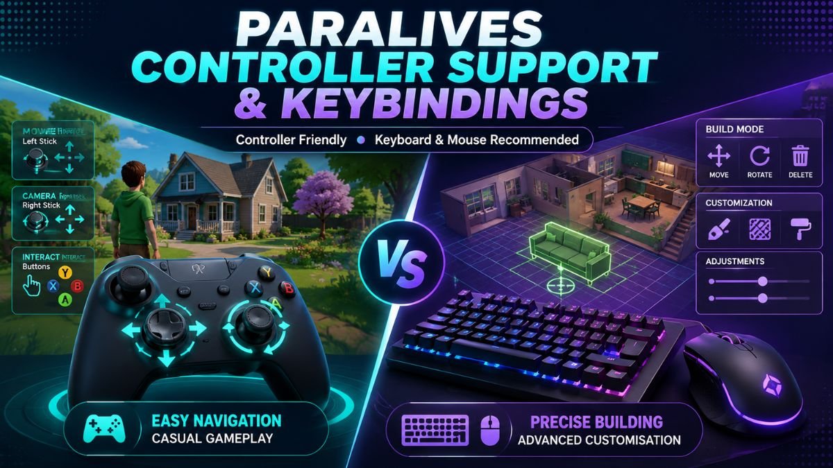 Paralives controller support comparison showing game controller versus keyboard and mouse controls for navigation, building, and customization.