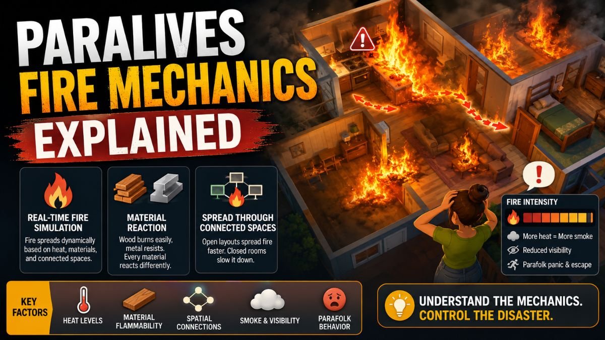 Paralives fire mechanics real-time simulation showing fire spread, smoke behavior, and material-based burning in house interiorFire in Paralives spreads dynamically based on materials, heat, and room connections, creating realistic emergency gameplay.