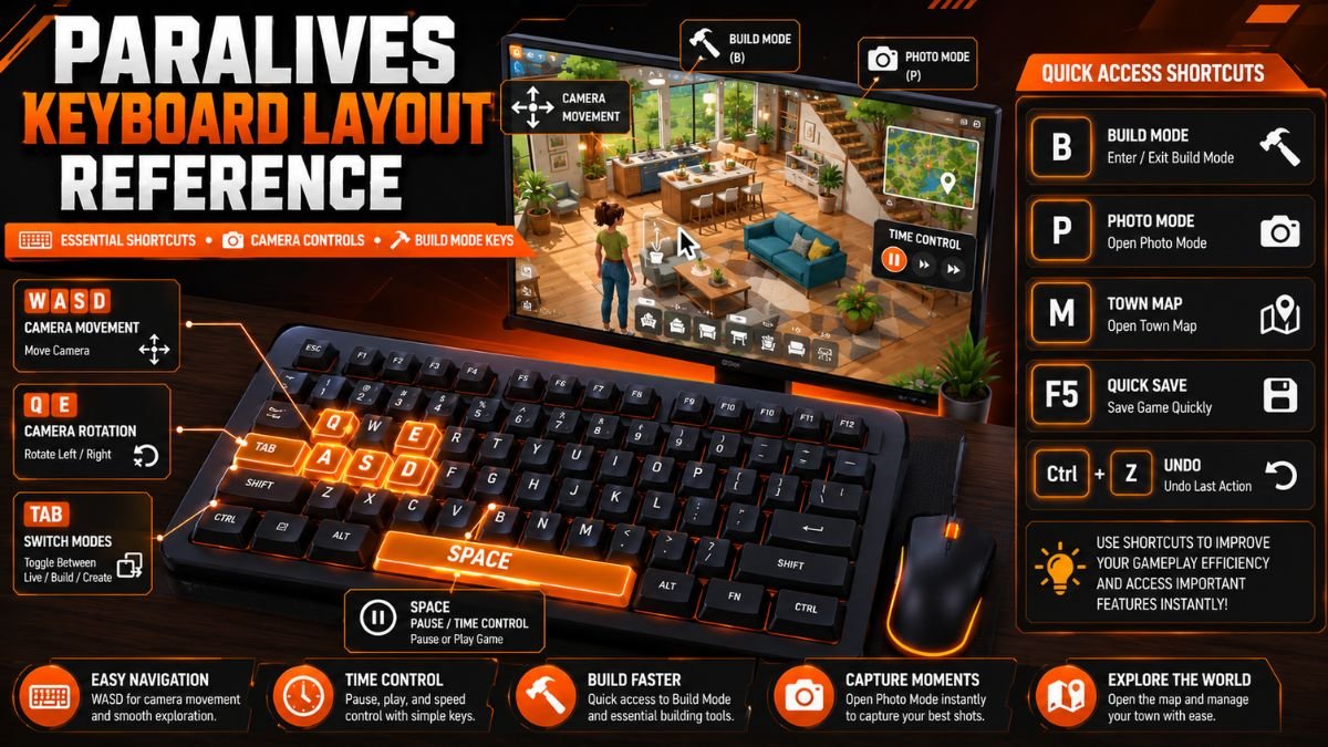Paralives keyboard shortcuts guide showing WASD movement, camera controls, Build Mode hotkeys, Photo Mode shortcuts, and quick-access PC keybindings.