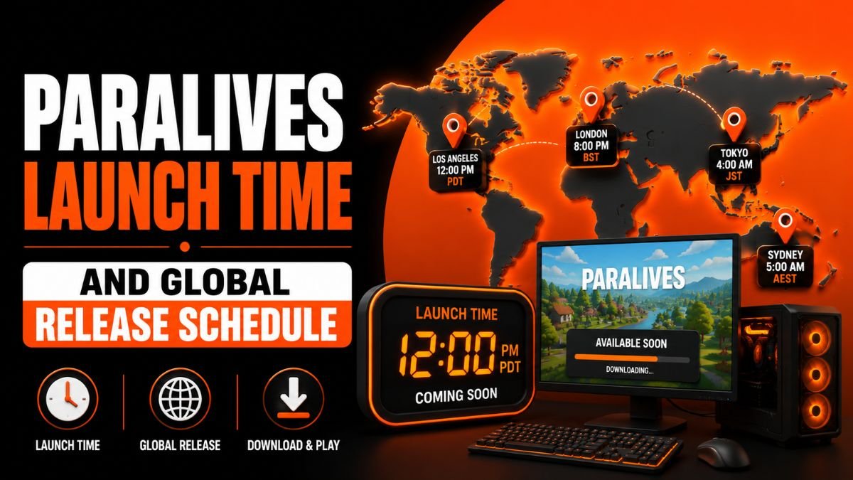 Paralives global release time with world map, clock, and gaming setup showing launch schedule