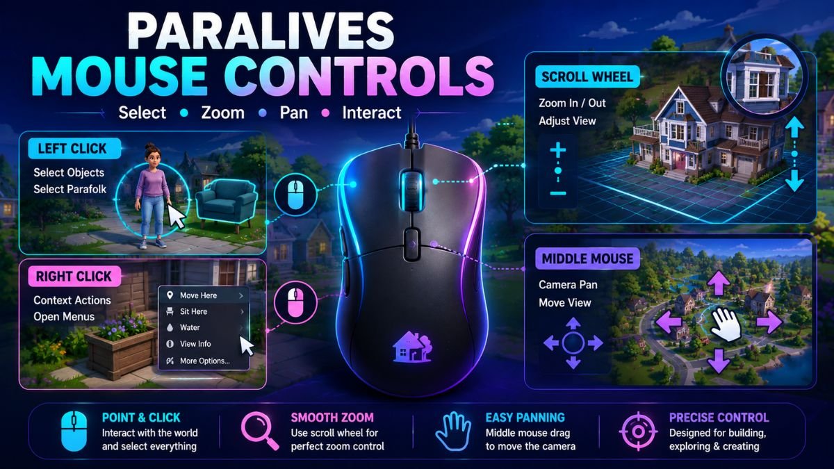 Paralives mouse controls guide showing left-click selection, right-click actions, scroll wheel zoom, and middle mouse camera panning.