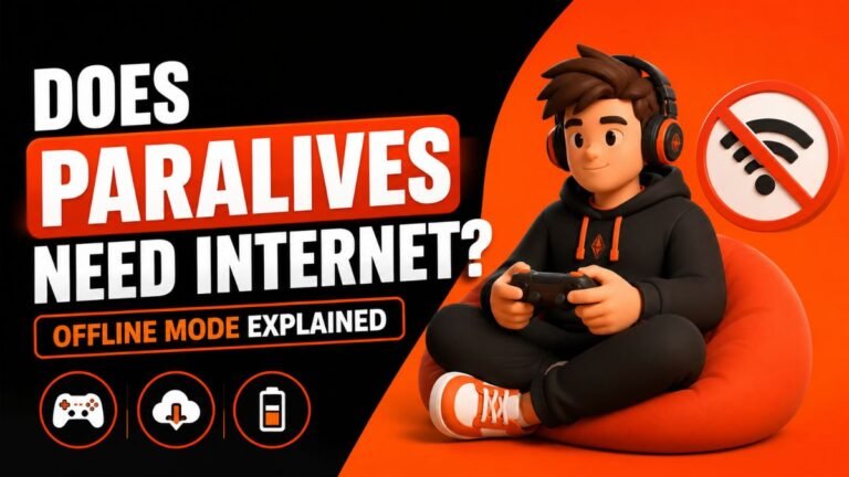 Does Paralives Need Internet featured image showing offline mode gameplay with a stylized gamer, PC setup, and connectivity icon in a modern 3D gaming design.