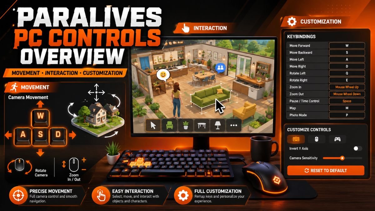 Paralives PC controls overview showing keyboard shortcuts, WASD movement, mouse controls, camera navigation, object interaction, and customizable keybindings.