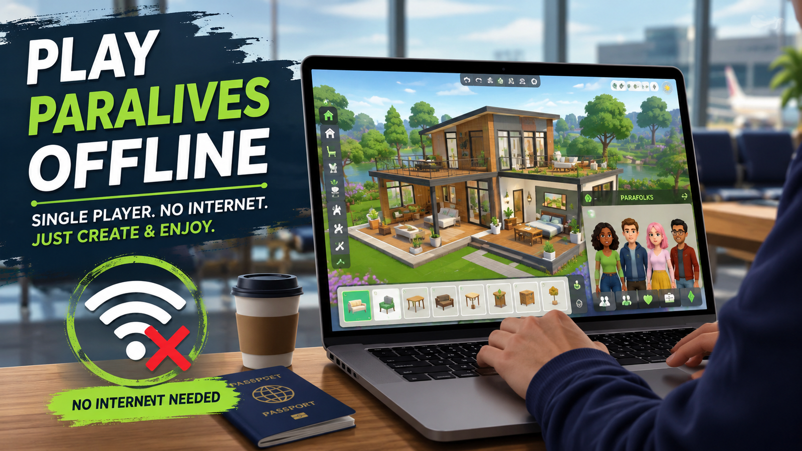 Play Paralives offline on a laptop without internet while building houses and managing virtual characters.