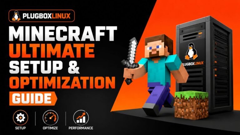 PlugboxLinux Minecraft Ultimate Setup and Optimization Guide featured gaming thumbnail with Minecraft character, Linux server, and performance icons in modern 3D vector style.