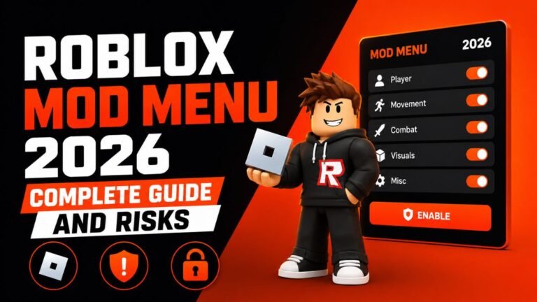 Roblox Mod Menu 2026 Complete Guide and Risks gaming thumbnail featuring Roblox character, mod menu interface, and bold 3D text design in orange and black theme.