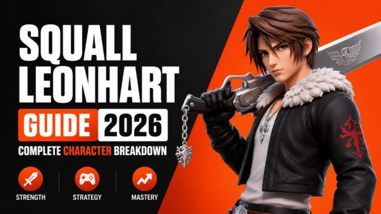 Squall Leonhart Guide 2026 complete character breakdown featured image with a stylized 3D gaming character holding a gunblade, bold orange and black gaming design, character build guide, abilities, strengths, strategy, and mastery tips for 2026.
