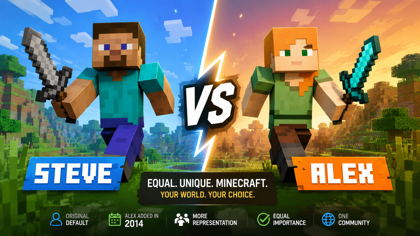 Steve and Alex facing each other in Minecraft-style world showing character evolution and player choice in Minecraft game.