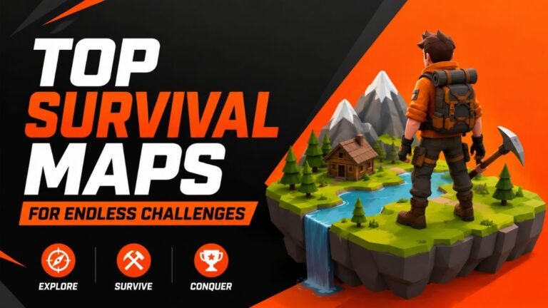 Top Survival Maps for Endless Challenges featuring a 3D survival explorer on a floating island with mountains, resources, and adventure-themed gaming elements.