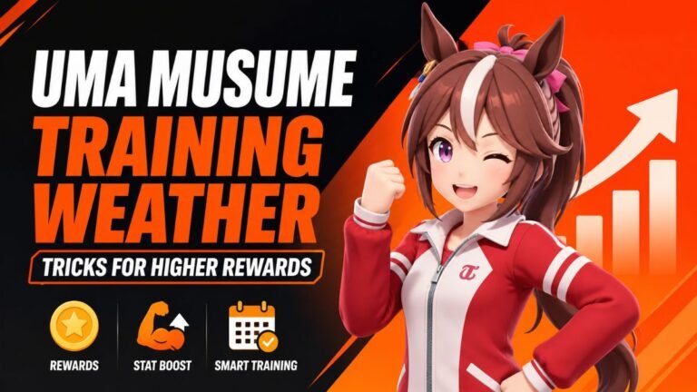 Uma Musume Training Weather Tricks for Higher Rewards guide featuring anime-style character, stat boost icons, and gameplay optimization tips in a modern gaming thumbnail design