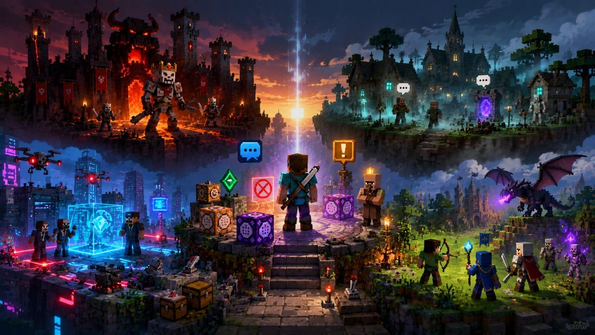 What are Minecraft adventure maps? Cinematic voxel fantasy world featuring quests, NPCs, puzzles, boss battles, exploration, and custom gameplay mechanics.