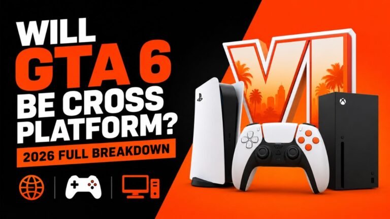 GTA 6 cross platform 2026 guide featuring PlayStation and Xbox consoles with crossplay compatibility concept and full breakdown thumbnail design.