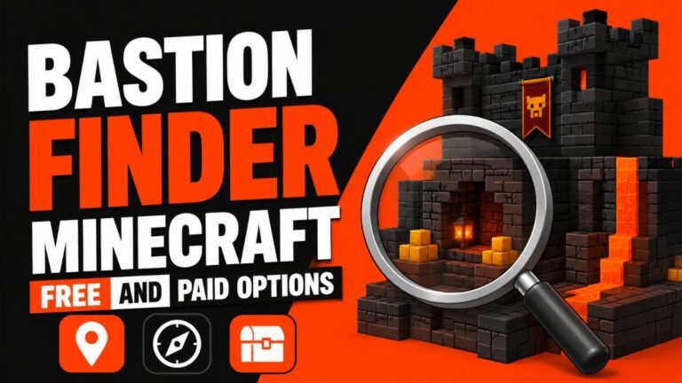 3D vector illustration of a Minecraft Bastion Finder guide featuring free and paid options with Nether bastion structures and gaming icons.