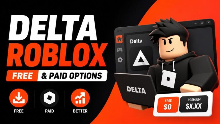 Delta Roblox Free and Paid Options featured image showing a 3D Roblox-style character, Delta interface, download icon, premium upgrade options, and gaming tools on an orange and black background.