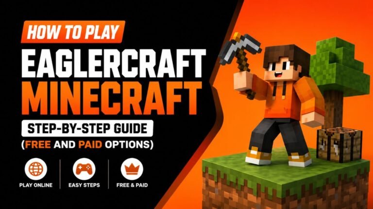 How to Play Eaglercraft Minecraft Step-by-Step Guide with free and paid options shown in a browser-based Minecraft-style gaming illustration