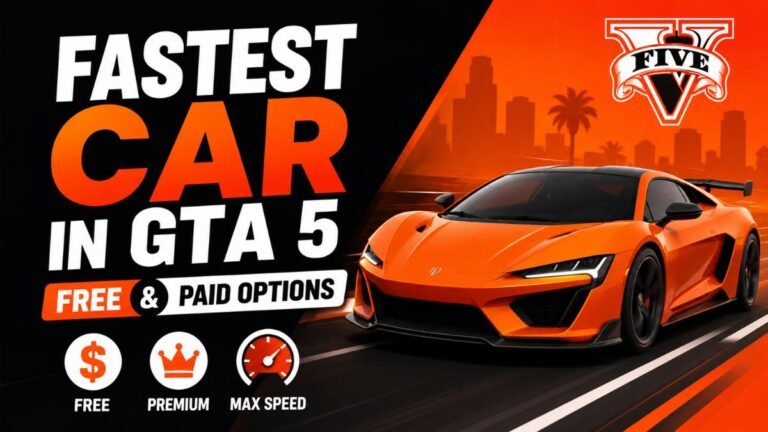 3D gaming illustration of the fastest car in GTA 5 featuring top speed comparisons and free and paid performance options for GTA Online players.