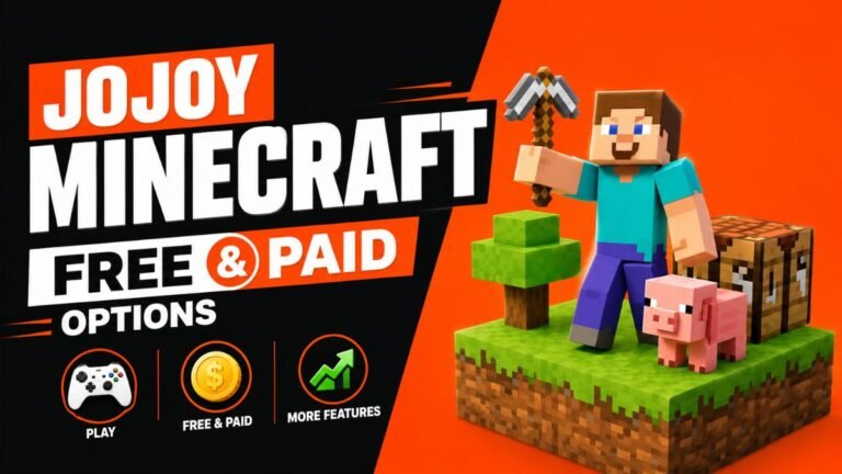 Jojoy Minecraft featured image showing free and paid options with a Minecraft style character, tools, and gameplay icons for Android users.