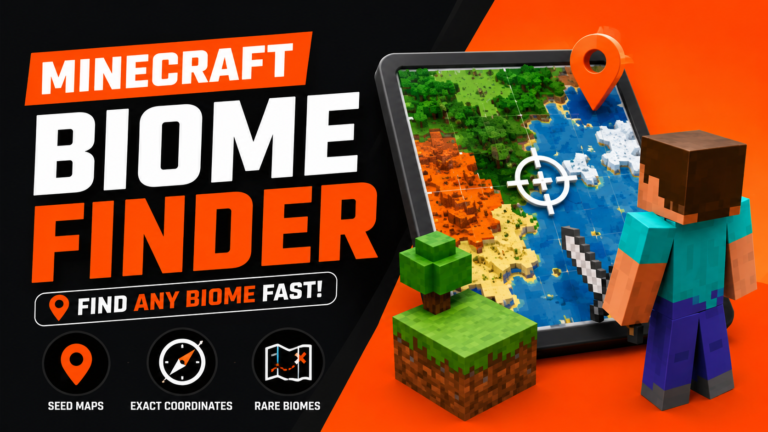Minecraft Biome Finder featured image showing a player using a seed map and coordinates tool to locate rare biomes in Minecraft Java and Bedrock Edition.