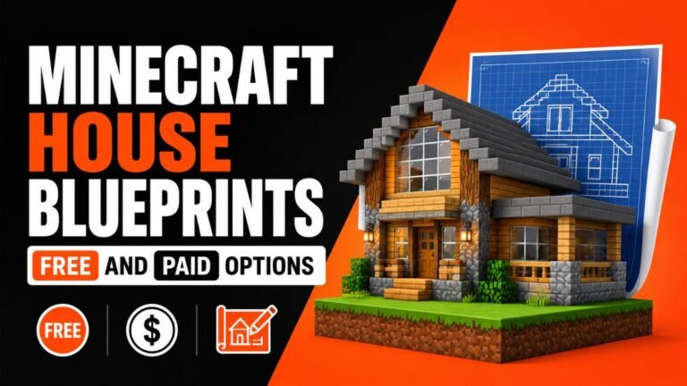 Minecraft house blueprints featured image showing modern 3D vector gaming design with bold text and blueprint-style house concept for survival builds