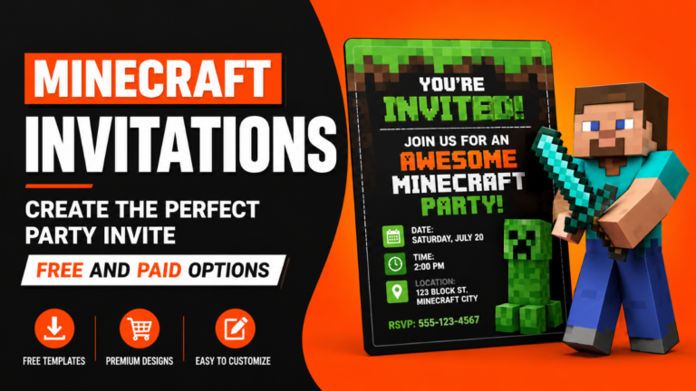 Minecraft Invitations featured image showing a 3D Minecraft style party invitation design with free and paid template options, gaming themed invite ideas, and creative birthday party planning.
