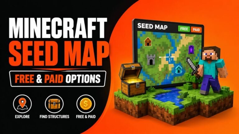 Minecraft Seed Map featured image showing free and paid seed finder tools for Java and Bedrock Edition.