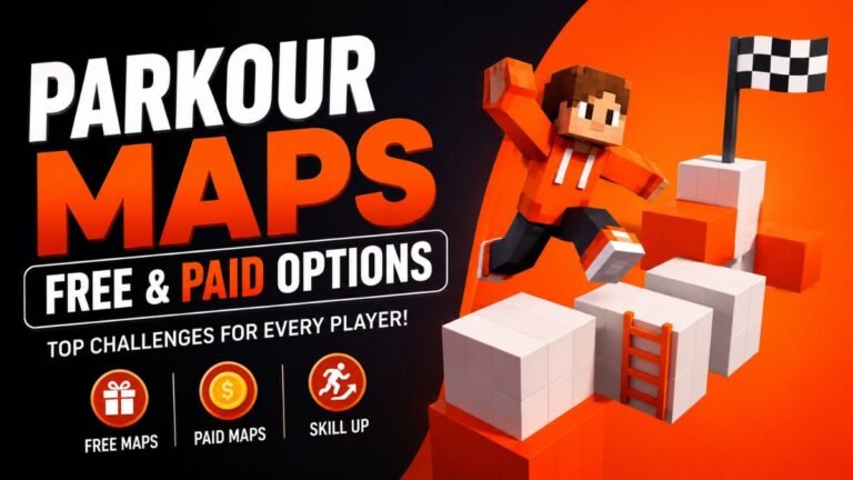 Minecraft parkour maps featuring free and paid options with a player jumping across obstacle courses and platforming challenges in a 3D gaming illustration