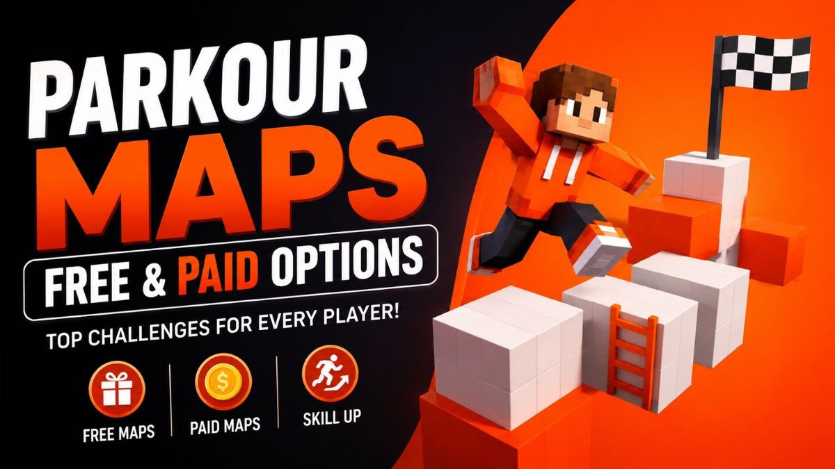 Minecraft parkour maps featuring free and paid options with a player jumping across obstacle courses and platforming challenges in a 3D gaming illustration