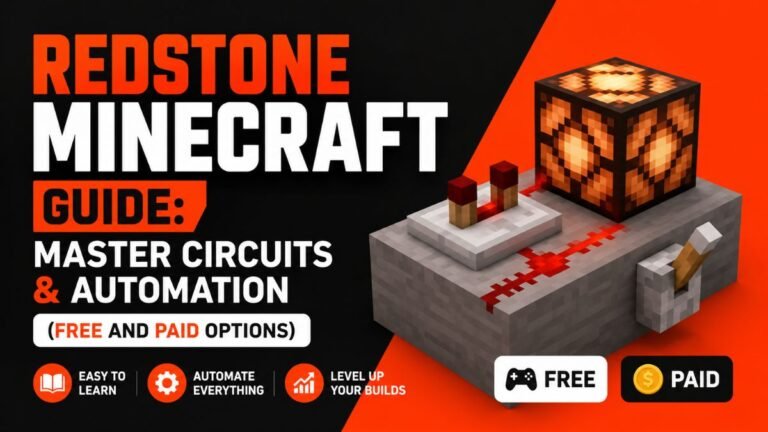 Redstone Minecraft Guide 3D gaming thumbnail featuring automation circuits, redstone contraption, and master circuits tutorial with free and paid options in modern clean design