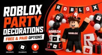 Roblox party decorations with red black and white theme featuring balloon arch, birthday cake, Roblox character, and free and paid decoration ideas