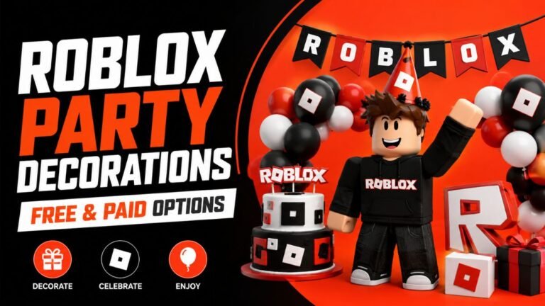Roblox party decorations with red black and white theme featuring balloon arch, birthday cake, Roblox character, and free and paid decoration ideas