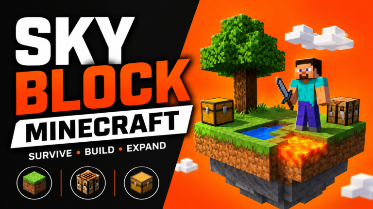 Sky Block Minecraft floating island with tree, chest, crafting table, water, lava, and player character in a survival challenge world.