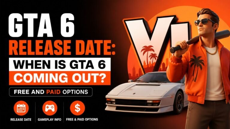 GTA 6 release date concept featured image showing bold gaming typography, modern 3D vector illustration style with black, white, and orange theme for gaming blog