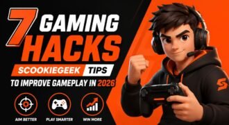 7 Gaming Hacks ScookieGeek Tips to Improve Gameplay in 2026 featuring a 3D gamer with controller, gaming headset, and skill icons