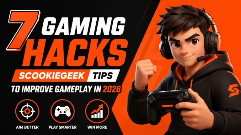 7 Gaming Hacks ScookieGeek Tips to Improve Gameplay in 2026 featuring a 3D gamer with controller, gaming headset, and skill icons